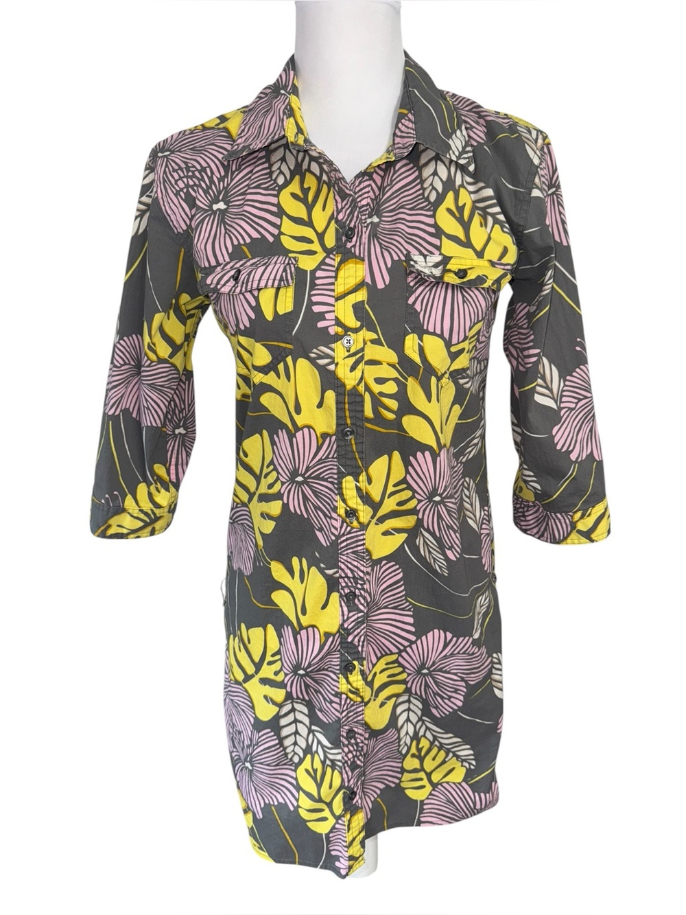 Abercrombie & Fitch Shirt Dress Tropical Floral Belted 3/4 Sleeve Small